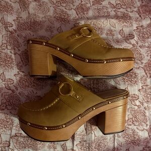 Atalina Tan Suede Mules with Chunky Heel and Gold Studs